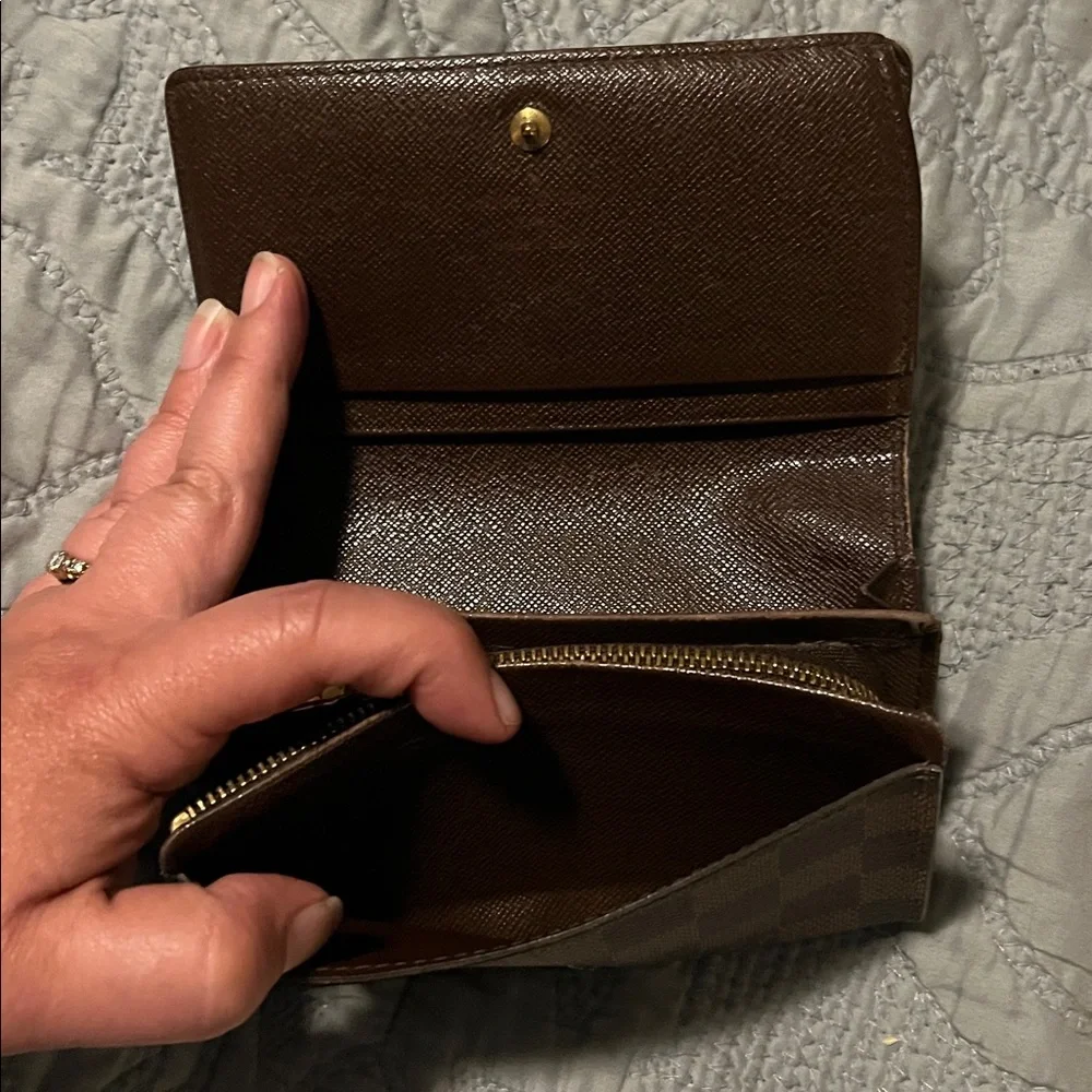 Louis Vuitton Damier Ebene Brown Leather Snap Wallet with Zipper Coin Pouch
